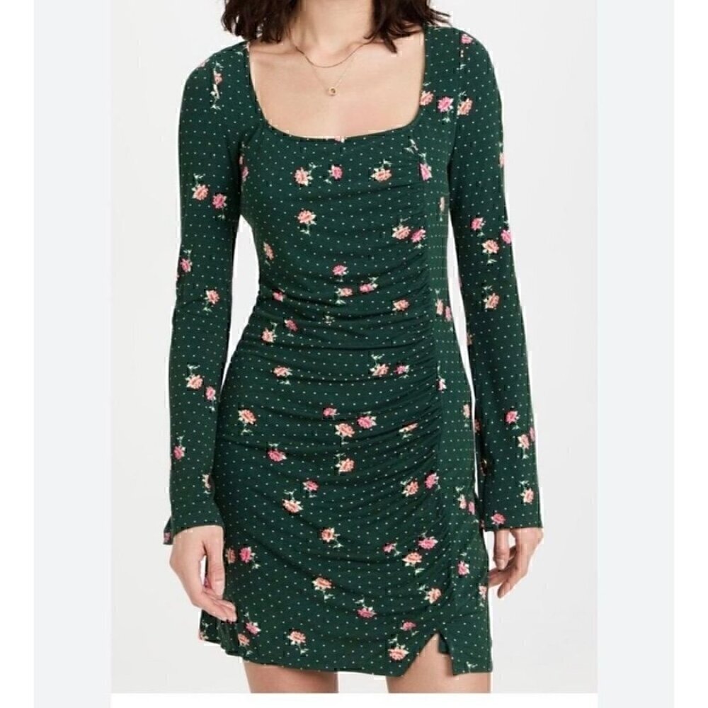 Free People Floral Green Polka Dot Mini Dress With Ruched Front & Keyhole Back,